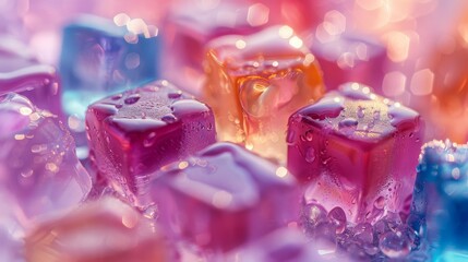 Wall Mural - Close-up shot of vivid ice cubes glistening with water droplets against a bokeh light background, creating a cool atmosphere