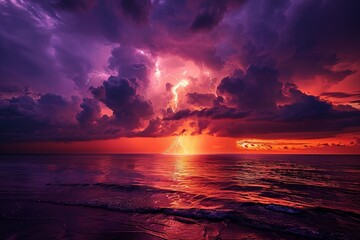 Vivid sunset over tranquil sea with vibrant clouds in colorful sky. A mesmerizing and dramatic sunset scene captured in high detail. Perfect for backgrounds, prints, or digital art. Generative AI