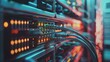 © Adi - Network hardware. Telecommunication technologies. Server room. Modem with fiber optic cables. Router in server room. Hosting equipment. Internet communications. Server technologies