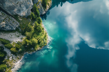 Wall Mural - drone shot of a mountain lake with reflections