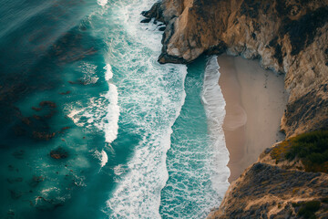 Wall Mural - drone shot of a scenic coastline with cliffs and waves