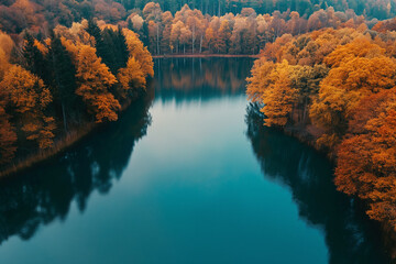 Wall Mural - drone shot of a tranquil lake with reflections of autumn trees
