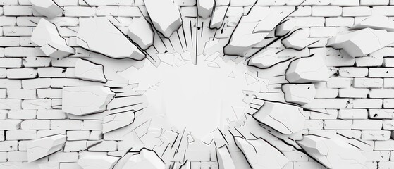 white brick wall with an explosion effect in the center, background is white and black