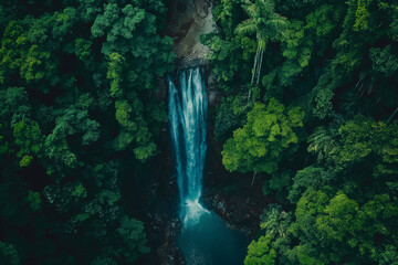 Wall Mural - drone shot of a waterfall in a dense jungle