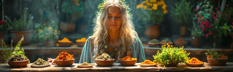 Woman surrounded by healing herbs and flowers is preparing natural remedies. She is using ancient knowledge to create alternative medicine; panoramic header with spiritual shaman