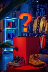 Shoe Display with Question Mark in Clothing Store. Generative ai.