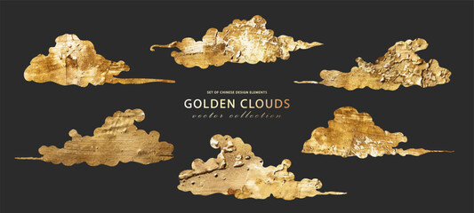 Golden Chinese clouds on black background. Set of decorative elements for your design. Gold acrylic paint, gold leaf. Vector collection