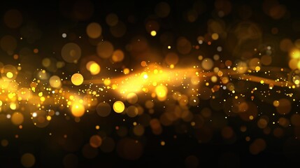 Abstract lens and light flare background. Lens flare overlay. Bokeh flash gleam. Defocused golden yellow color flecks and bokeh on dark black abstract background