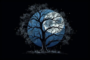 Wall Mural - Artistic illustration of a tree with intertwined branches silhouetted by a full moon on a starry night