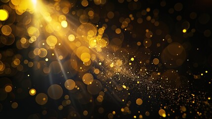 Canvas Print - Abstract lens and light flare background. Lens flare overlay. Bokeh flash gleam. Defocused golden yellow color flecks on dark black abstract background