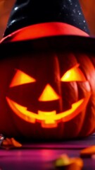 Wall Mural - vertical 9:16 halloween jack o lantern pumpkin with a witch hat