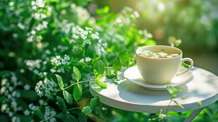 Wall Mural - Cup of herbal tea stands on a round table in the garden, surrounded by fragrant plants.