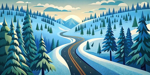 Poster - Winter road winding through snowy mountains.