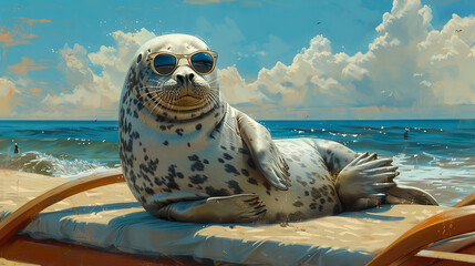 A seal lounges on a beach chair, sporting sunglasses, soaking up the sun's rays with a serene beach backdrop, embodying relaxation and leisure by the shore