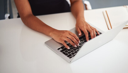 Aufkleber - Hands, laptop and typing in office, communication and networking with email at media company. Person, computer and click keyboard for search, reading and contact on web connection at creative agency