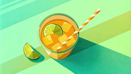 Sticker - Refreshing lime and orange drink with a straw.