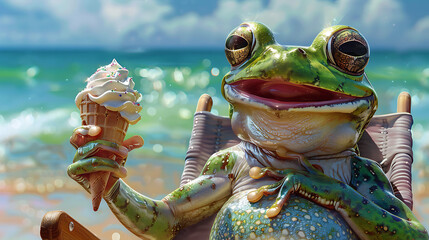 Wall Mural - A jovial frog, sporting sunglasses, lounges on a beach chair, clutching a waffle topped with a scoop of ice cream, exuding summery delight