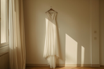 simple elegant wedding dress hanging in a minimalist room an ultra realistic scene