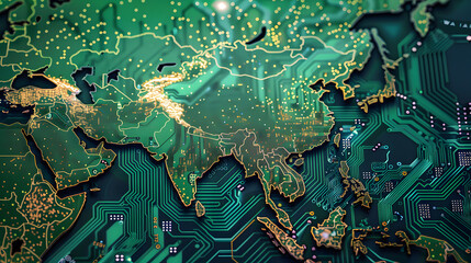 A glowing digital world map overlays a dark, intricate circuit board, symbolizing global connectivity and technology. Intricate circuitry weaves a digital tapestry 