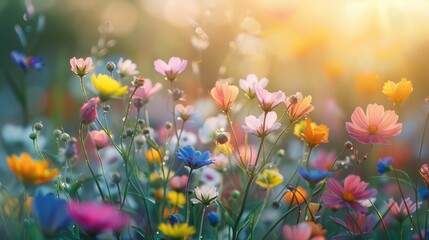 Poster - Colorful wildflowers in a meadow during the beginning of spring Blurred background for emphasis