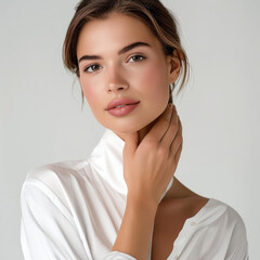 Poster - A beautiful woman with brown hair, wearing white and touching her neck in the studio on a light grey background.