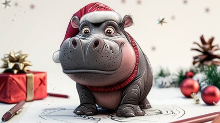 Duplicate the image for children to play with and color featuring an adorable hippo dressed up in a Christmas outfit