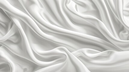 Poster - Abstract white luxurious wavy fabric satin silk background. Beautiful background luxury cloth with drapery and wavy folds of ivory color creased smooth silk satin material texture