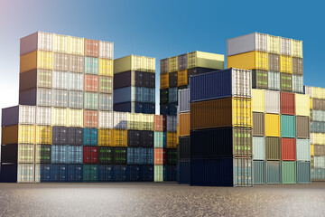 Wall Mural - Container platform. Open air warehouse. Multi-colored shipping containers. Storage space in sea harbor. Cargo containers are stored on top of each other. Tare for transportation on boxes. 3d image