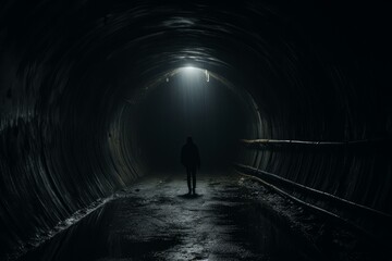 Wall Mural - Illuminated Tunnel man dark light. Freedom concept. Generate Ai