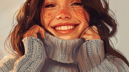 Poster - A girl smiles while placing her hands on the collar of her sweater and tilting her head slightly