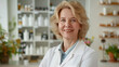 © Natali - A 50-year-old Woman, profession: pharmacist, blond hair, blue eyes, front view, smiling, warm pharmacy décor