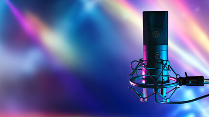 Wall Mural - Radio presenter microphone. Condenser mic on tripod. Professional microphone on purple. Sound recording equipment. Microphone for podcast host. Mic for announcer. Place for inscription