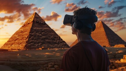 Wall Mural - Man immersed in a virtual reality experience using a VR headset, exploring the Pyramids of Giza with a detailed digital representation of the ancient site in the background.