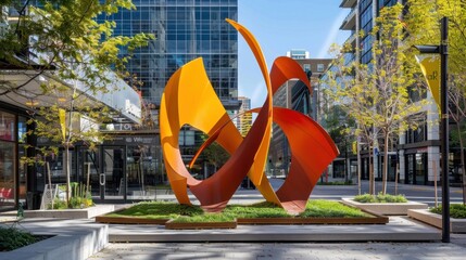 Wall Mural - A bold abstract sculpture installed in a modern urban plaza, highlighting public art and contemporary design. --ar 16:9 --style raw Job ID: 4a43b499-4fde-45b5-a5b6-8af1c132de5f