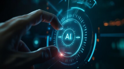 Artificial Intelligence human hand touch starting initial glowing rounded AI hologram button screen interface programming coding software system