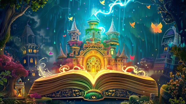 A book of legends with pages that turn into interactive digital puzzles, Enigmatic, Bright colors, Illustration, Engaging story
