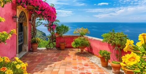 Wall Mural - An Italian courtyard by the mediterranean sea full of colorful flowers