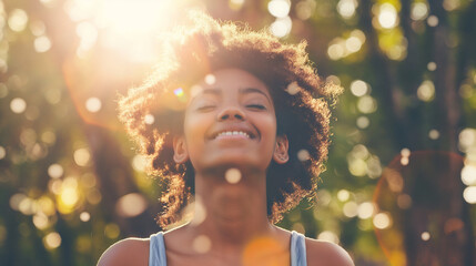 A joyful woman feeling full of positive energy, expressing happiness and vitality. This vibrant scene captures the essence of positivity and well-being