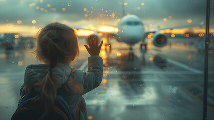 Child, watching from the window of the airport the planes, taking off and landing while waiting at to board 