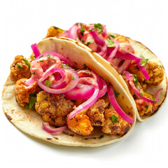 Crispy cauliflower taco with pickled red onion, isolated on a white background 