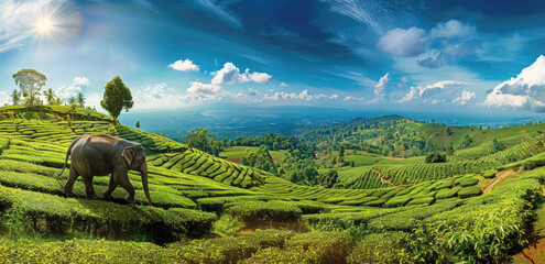 Poster - A panoramic photo of an elephant walking through the tea plantations