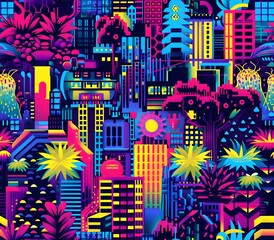 Wall Mural - Vibrant Retro Futuristic Digital Art Pattern with Organic Shapes and Geometric Structures in a Glitchy Synthwave Inspired Cityscape