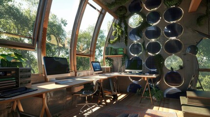 Eco-friendly home office with solar-powered devices and recycled materials. Green and innovative. --ar 16:9 --style raw Job ID: 474f458f-5d1f-4645-b82e-33e943e7556a