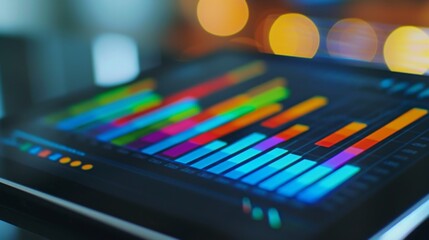 Poster - Close-up of a tablet screen displaying a colorful bar chart, representing sales data