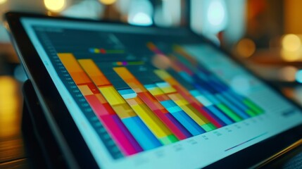 Poster - Close-up of a tablet screen displaying a colorful bar chart, representing sales data