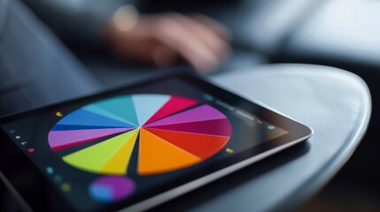 Poster - Close-up of a tablet screen displaying a colorful pie chart, illustrating market share