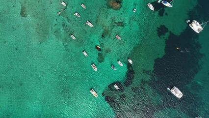 Wall Mural - aerial view on fast boats on blue sea at sunny day. vacation and leisure. fast ship on the sea surfa
