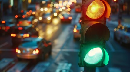 Poster - Close-up of a traffic light changing from green to red at a busy street intersection