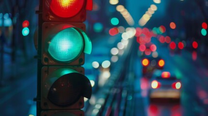 Poster - Close-up of a traffic light changing from green to red at a busy street intersection