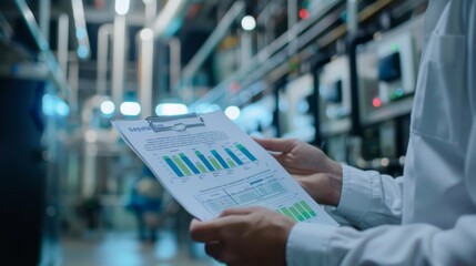 Leinwandbilder - Close-up of hands holding a report with a bar chart showing energy consumption data in an environmental research center